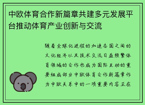 中欧体育合作新篇章共建多元发展平台推动体育产业创新与交流
